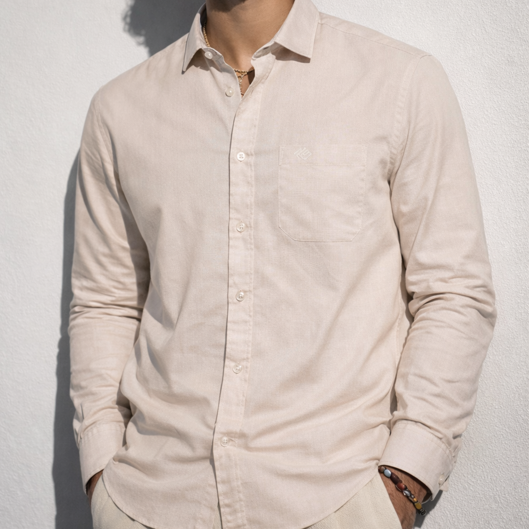 Beige Cotton Linen Signature Shirt-thumbmail-5