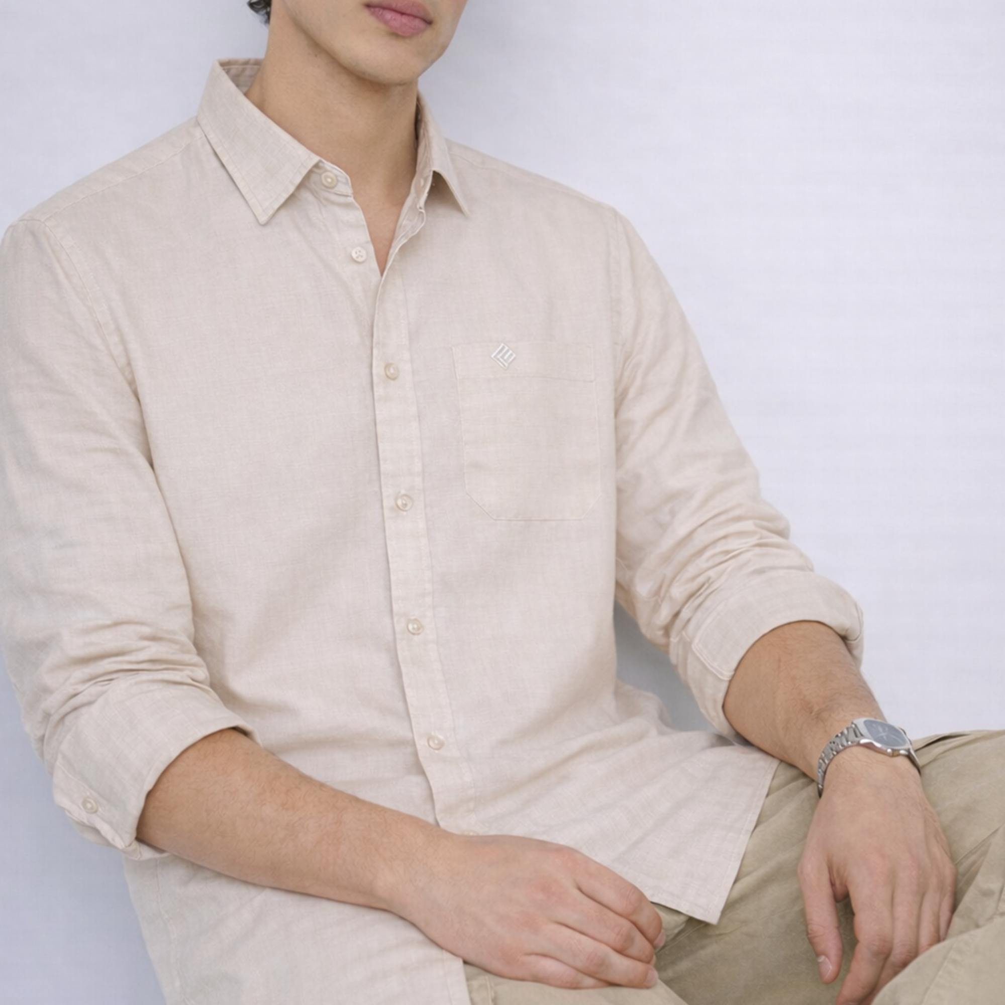 Beige Cotton Linen Signature Shirt-thumbmail-4